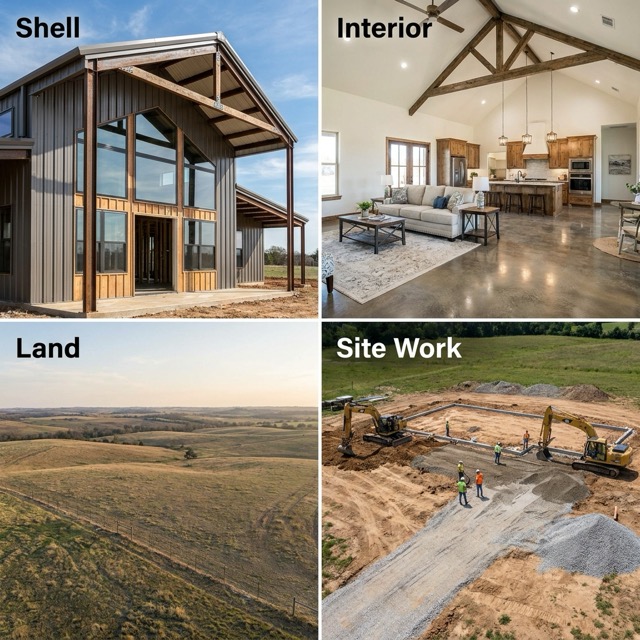 barndominium cost breakdown West Virginia - shell, interior, land, site work