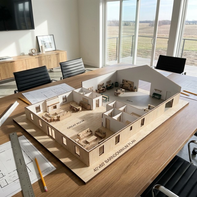 open concept barndominium plan Kentucky - 40x60 layout with great room and shop