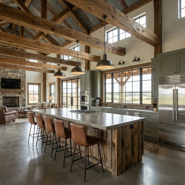 barndominium kitchen design Iowa - large island and open concept layouts