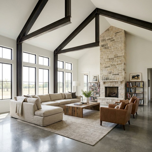barndominium living room Iowa - vaulted ceilings and exposed steel